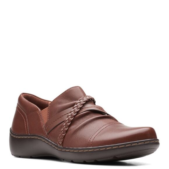 Clarks Cora Braid Shoe Dark Tan Leather Slip On Shoes Brown NEW Size 7W - Picture 1 of 8
